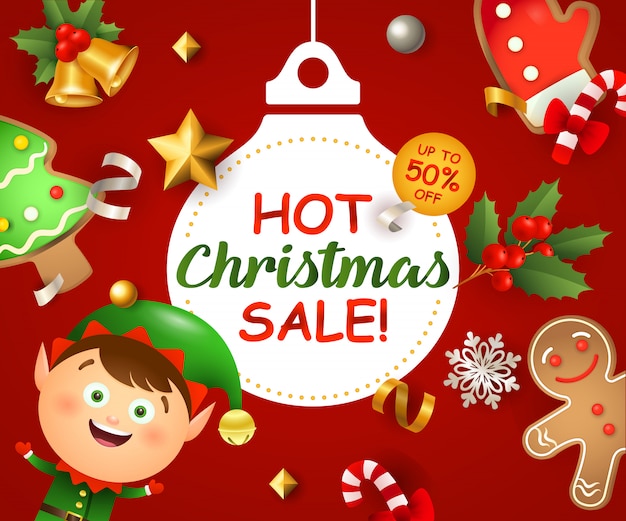 Christmas sale with elf and gingerbread