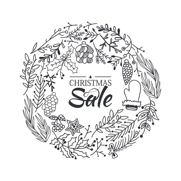 Christmas sale wreath sketch composition template with beautiful cartoons of branches and traditional winter elements