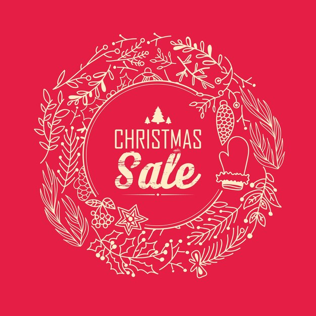 빨간색 장식 프레임의 중심에 할인에 대한 텍스트가있는 크리스마스 판매 화환 템플릿