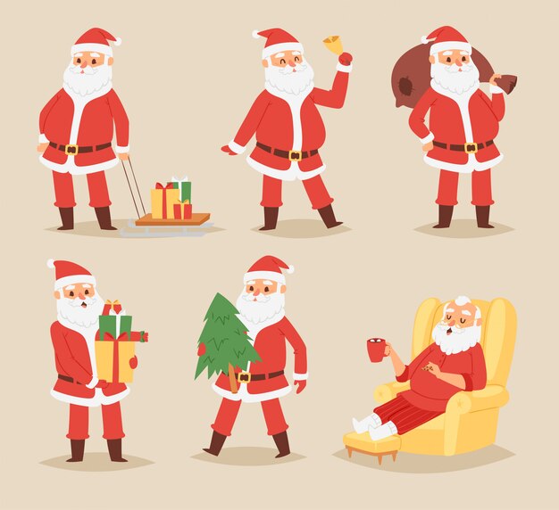 クリスマスサンタクロースキャラクターポーズイラストクリスマス男赤の伝統的な衣装とサンタ帽子 プレミアムベクター