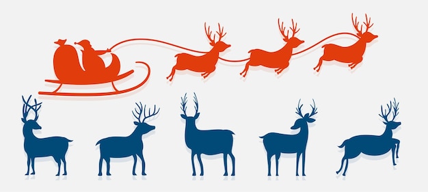 Бесплатное векторное изображение Рождественский санта-клаус летит на санях с оленями в наборе