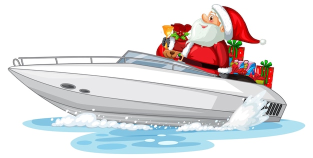 Christmas Santa Claus on speed boat with his gifts