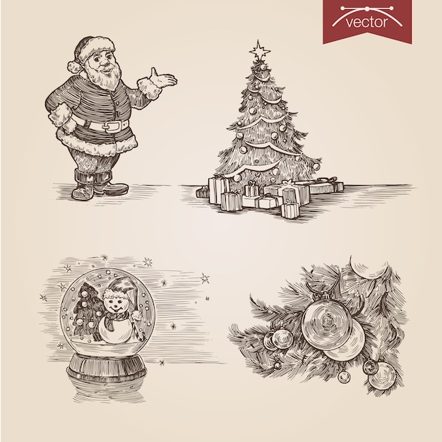 Free vector christmas santa set  hand drawn engraving