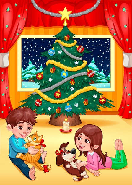 Christmas scene with children and pets cartoon vector illustration
