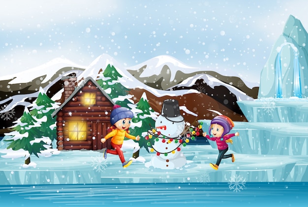 Free vector christmas scene with two kids and snowman