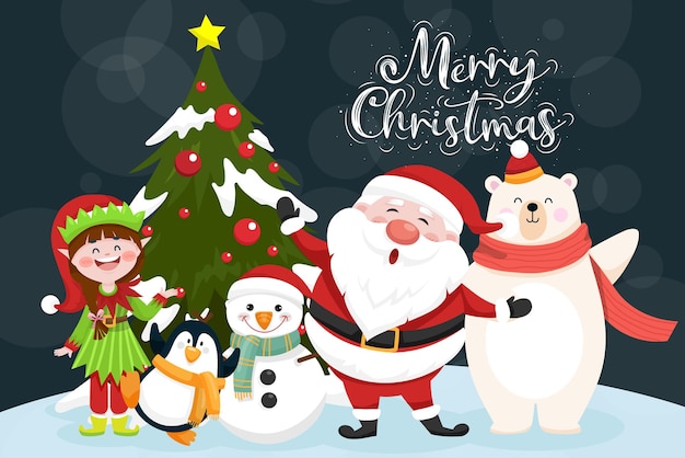 Christmas scenes Santa claus, penguin, elf, bear, snowman, christmas tree