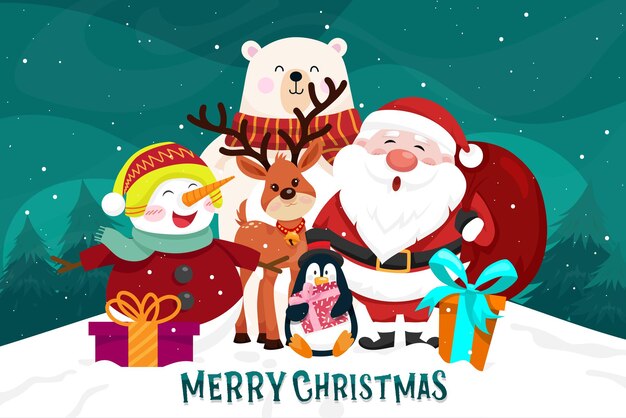 Рождественские сцены Дед мороз, пингвин, северный олень, медведь, снеговик, новогодняя елка