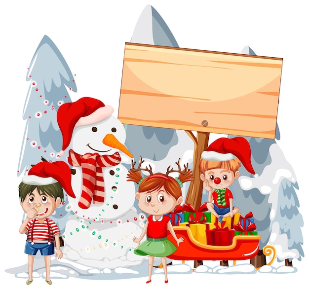 Рождественский сезон с детьми в рождественских костюмах и снеговиком
