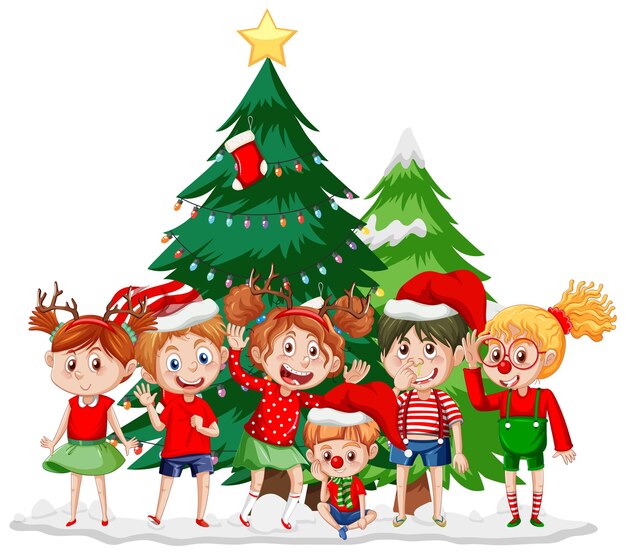 Christmas season with children and Christmas trees