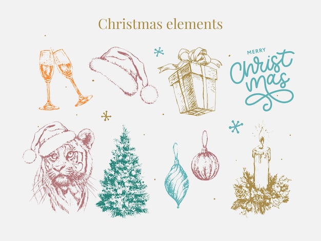 Christmas set 2022 new year and christmas symbols, christmas tree, tiger, santa, cone, cinnamon, glasses, candle, toys, gifts, sketch illustrations.vector.