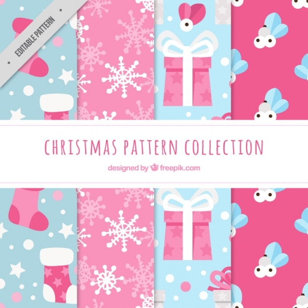 Christmas set of patterns in blue and pink colors