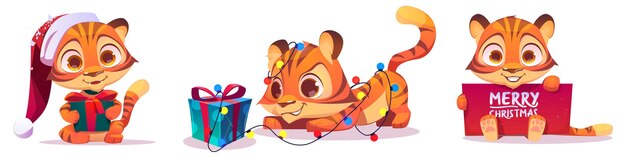 Christmas set with funny baby tiger character in red Santa Claus hat, with gift box and greeting banner. Vector cartoon illustration of cute kitten sneaks near present with bow and garland