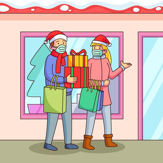 Vettore gratuito scena dello shopping natalizio indossando maschere