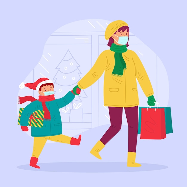 Free vector christmas shopping scene - wearing masks