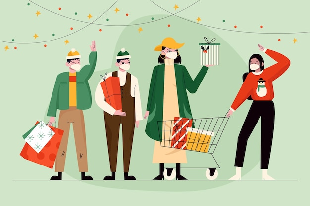 Christmas shopping scene with people wearing face mask