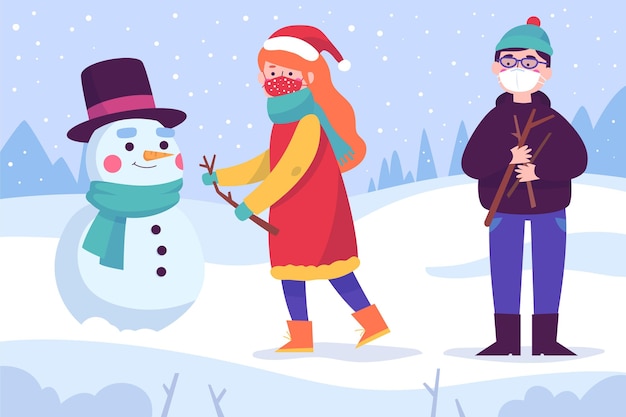 Free vector christmas snow scene wearing masks