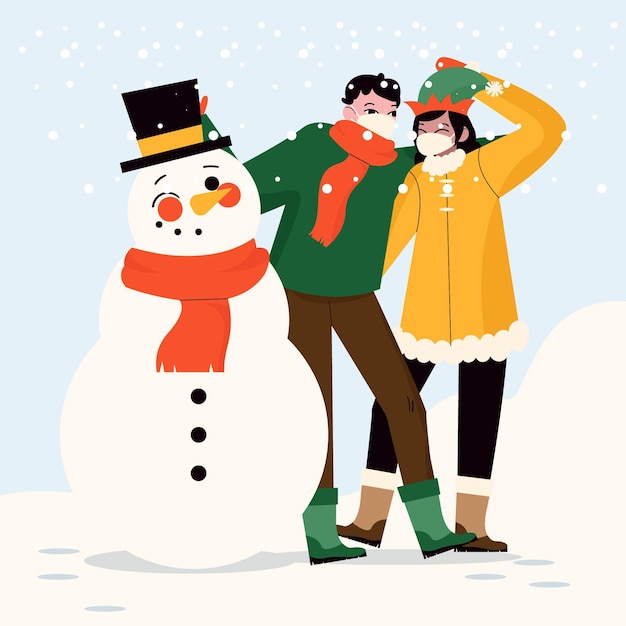 Free vector christmas snow scene wearing masks