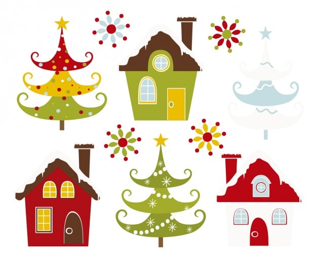 Free vector christmas snowing houses and trees