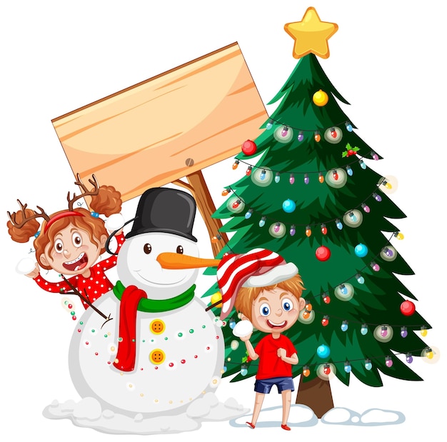 Free vector christmas snowman with happy children cartoon character