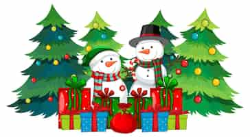 Free vector christmas snowman with many gift boxes and decorated tree