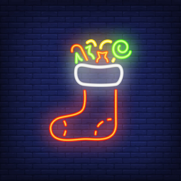 Christmas sock neon sign. Festive element. 