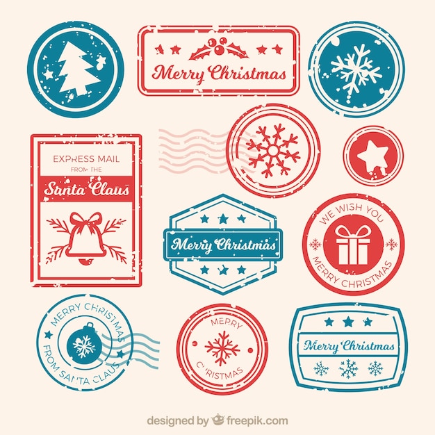 Christmas stamp collection in blue and red