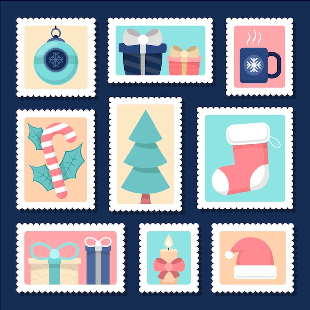 Free vector christmas stamp collection in flat design