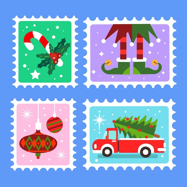 Christmas stamp collection in flat design