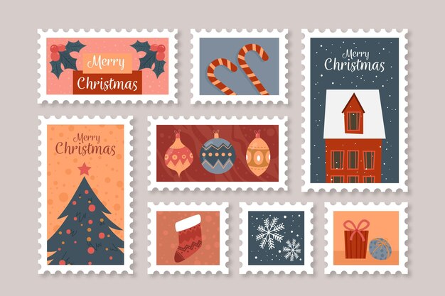 Christmas stamp collection in flat design