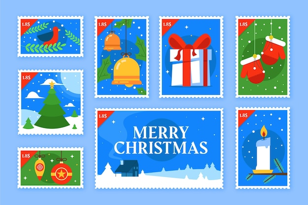 Коллекция рождественских марок в плоском дизайне