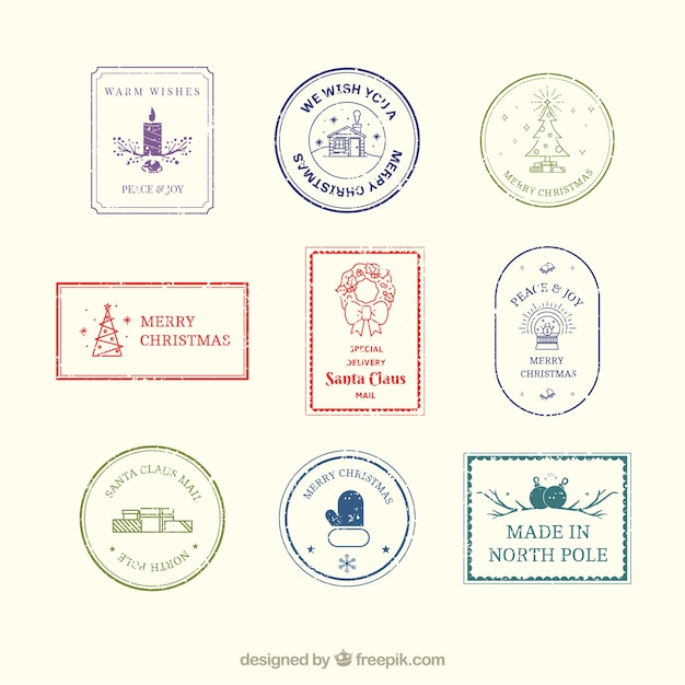 Christmas stamps set in vintage style Free Vector