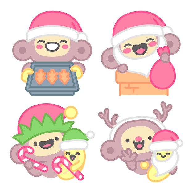 Free vector christmas stickers collection with monkey and banana