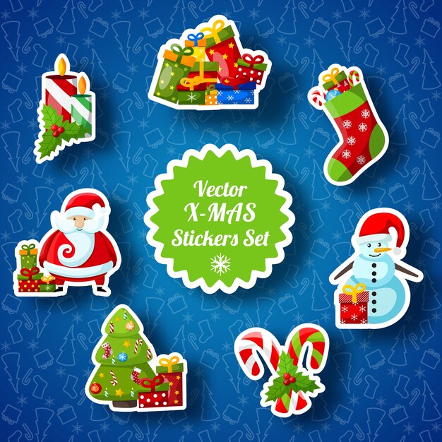 종이 양말, 산타 클로스, 전나무, 사탕, 눈사람, 선물 및 양초로 설정된 크리스마스 스티커