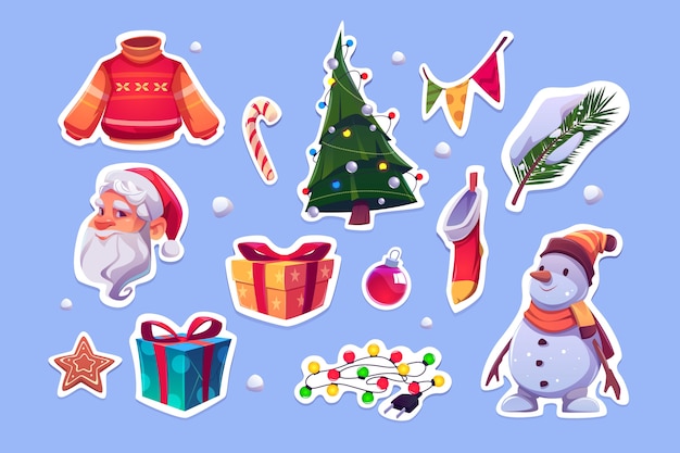 サンタクロース、セーター、松の木、雪だるまのクリスマスステッカー。新年の装飾、花輪、ギフトボックス、キャンディケイン、クッキー、クリスマスの靴下のベクトル漫画アイコンセット