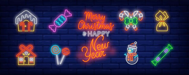 christmas sweets symbols set in neon style