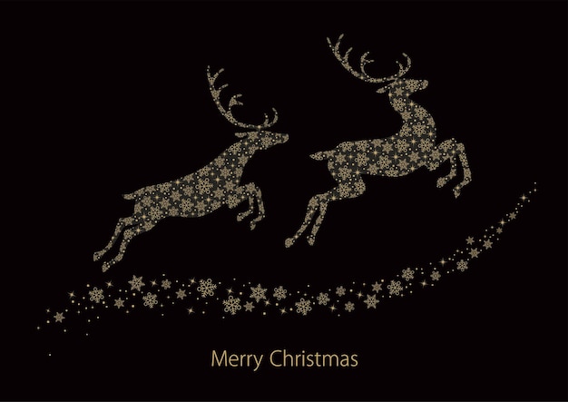 黒い背景で隔離の雪の結晶パターンとクリスマスシンボルトナカイのシルエット