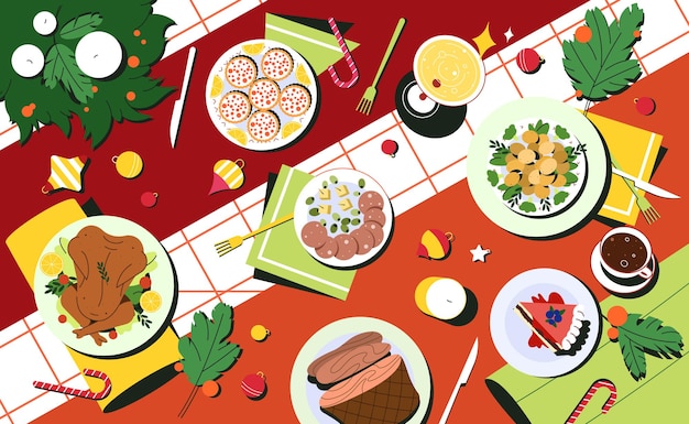 Free vector christmas table top view with dishes and decorated cutlery