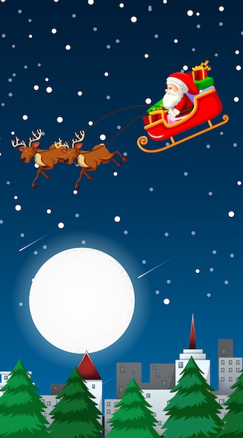 Free vector christmas theme illustration with santa claus flying over city