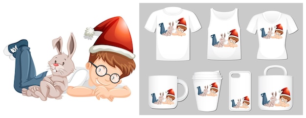 Free vector christmas theme with boy in santa hat on product template