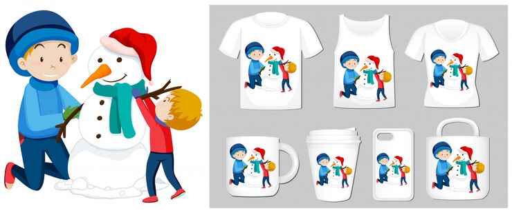 Free Vector christmas theme with boys and snowman on many products