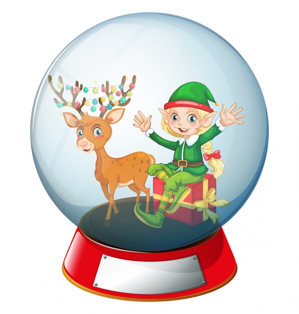 Christmas theme with elf and reindeer in glass ball