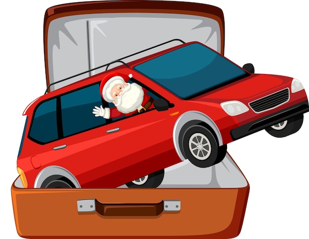 Free vector christmas theme with santa in a car in a luggage on white backgr