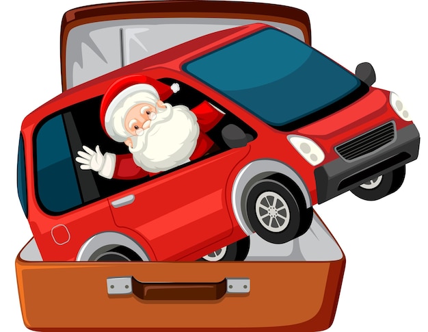 Christmas theme with santa in a car in a luggage on white backgr