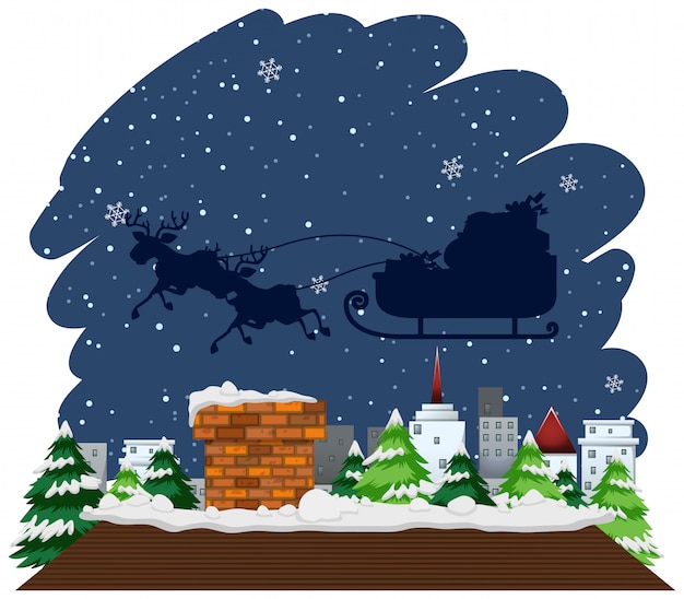 Free vector christmas theme with sleigh flying over the house