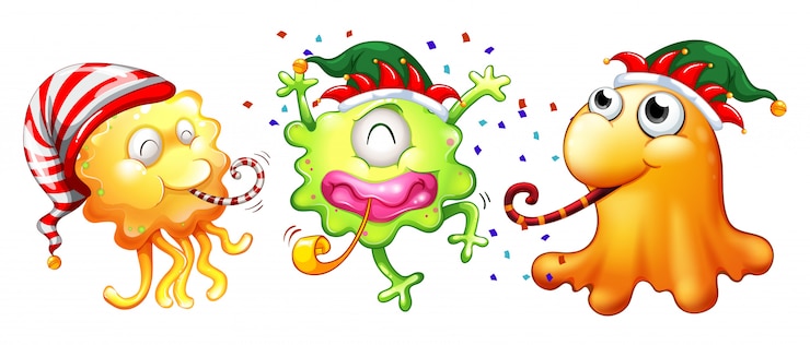 無料Vector 3つのモンスターがパーティーを持つクリスマステーマ