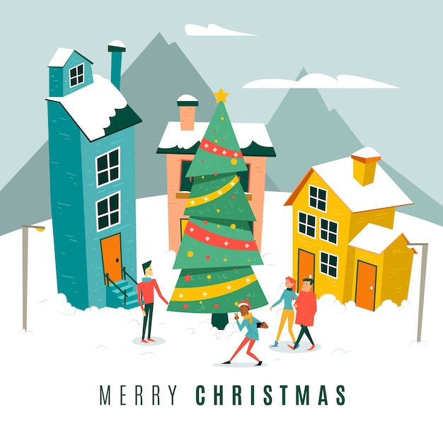 Free vector christmas town in hand drawn