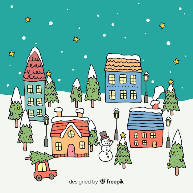 無料ベクター 手描きのデザインのクリスマスタウン