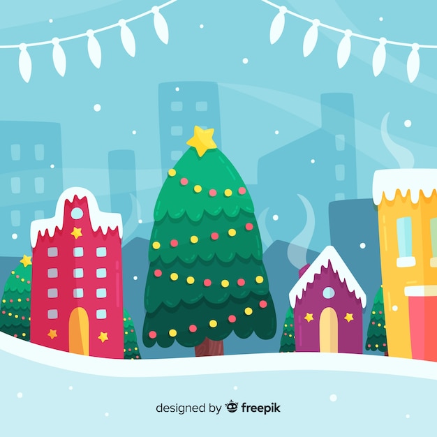 Free vector christmas town with tree in flat design