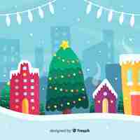 Бесплатное векторное изображение Рождественский городок с елкой в плоском дизайне