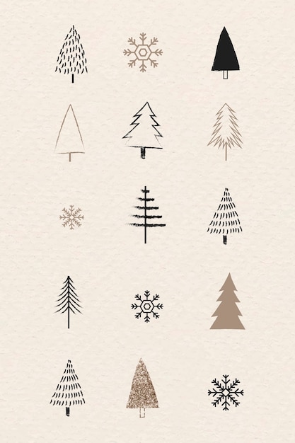 無料ベクター 落書きスタイルのクリスマスツリーと雪片のコレクション